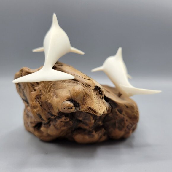 Vintage John Perry White Dolphin Sculpture On Driftwood Base 4" Tall - Picture 8 of 14